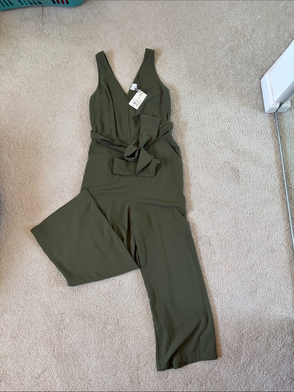 A New Day Sleeveless Olive Green V-Neck Jumpsuit with Waist Tie NWT